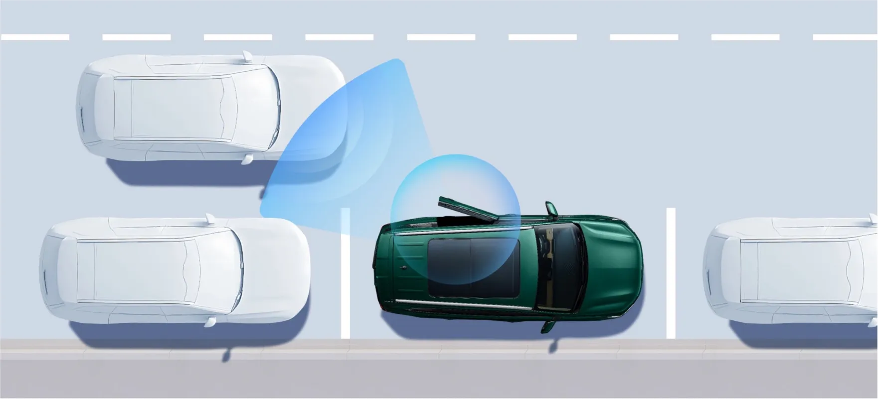 Sensors warn of approaching traffic before door opening when parked/slow-moving. Alerts prevent collisions with cyclists/vehicles. image